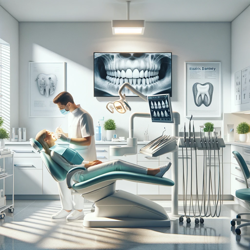 DALL·E 2024-03-29 20.22.48 - A bright and modern dental clinic with a focus on aesthetic dentistry. The scene is set inside an examination room where a dentist in a crisp, white u